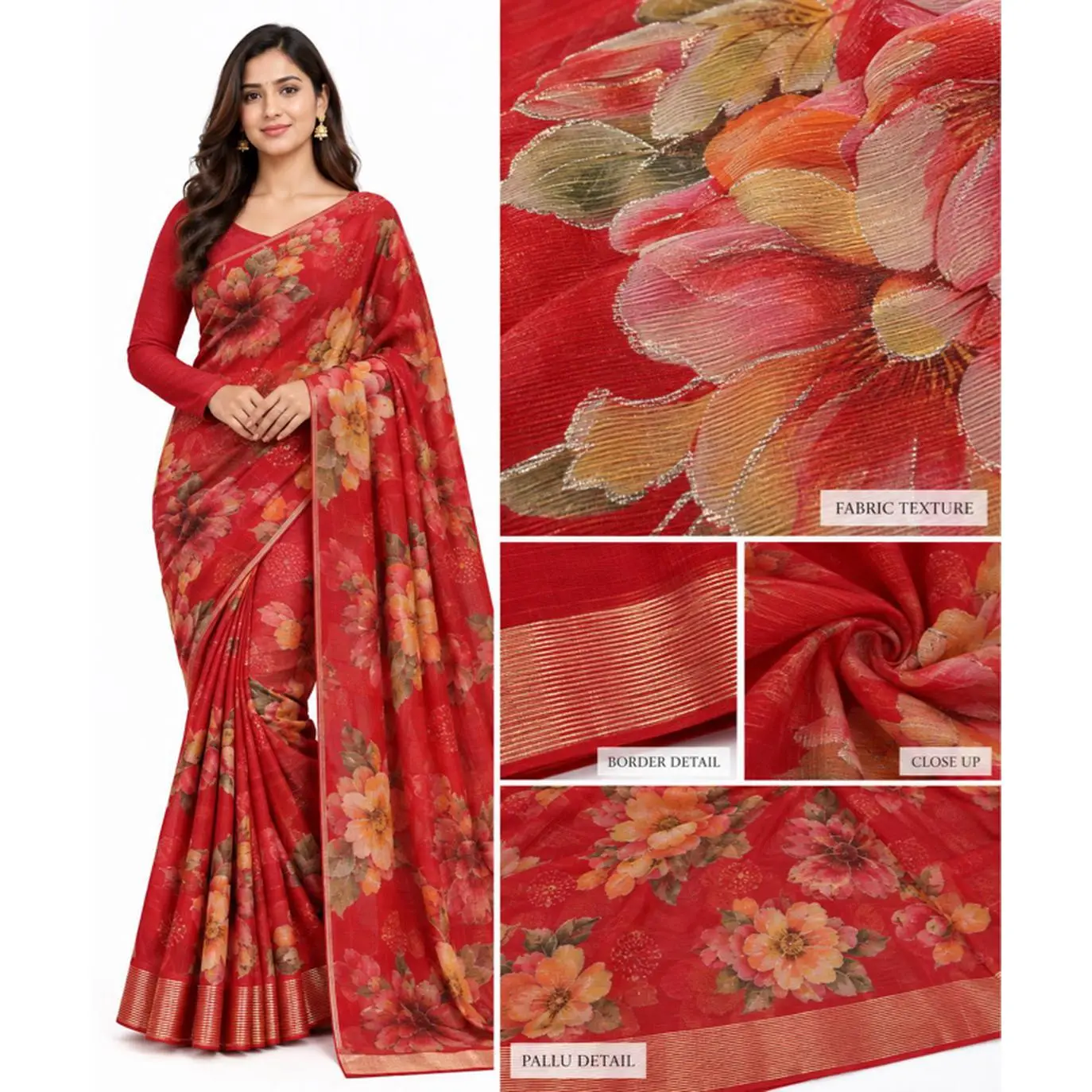 Women's Brasso Saree - Glitter Flower Print, Lightweight Comfortable Fabric, Elegant Style Formal Clothes for Ladies, Ideal for Party Occasions