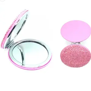 Glam Rhinestone Round Mirror with Pink Accents, Compact 75mm Size, Ultra-Clear Reflective Surface