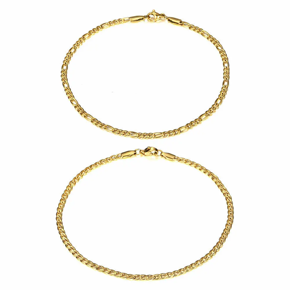 2Pcs 3mm 10" Figaro & Curb Link Anklet Bracelet Gold Color Stainless Steel Ankle Foot Chain for Couple Valentine Female Birthday Daily Jewelry Gift