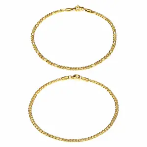 2Pcs 3mm 10" Figaro & Curb Link Anklet Bracelet Gold Color Stainless Steel Ankle Foot Chain for Couple Valentine Female Birthday Daily Jewelry Gift