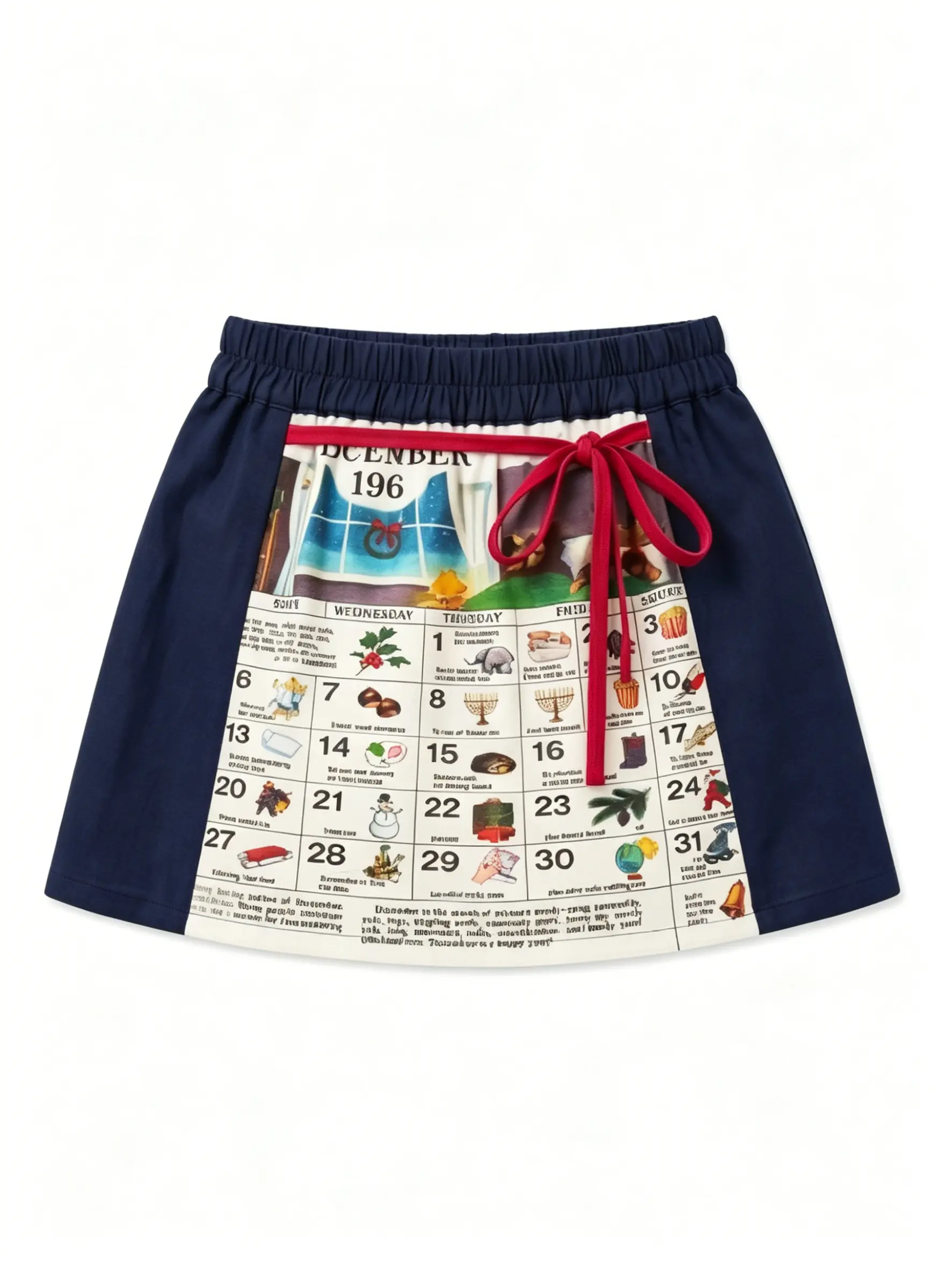 60s Comic Book Style Matching Outfit Mini Skirt for Girls & Mothers, Elastic Waist, Retro Calendar Pattern, Built-in Shorts, Navy/Beige, Autumn Winter, Family Photos Ready, Red Ribbon Accent, Matching Outfits, Mini Length, Animal Motifs, Easy Wear And Rem