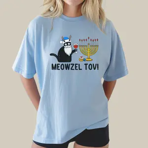 Funny Black Cat Hanukkah Shirt, Mazel Tov Cat Sweatshirt, Menorah Meowzel Crewneck Tee, Chanukah Jewish Holiday Sweatshirt, Casual Womenswear