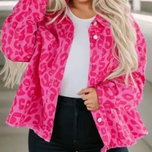 Women Pink Plus Size Leopard Print Long Sleeve Denim Jacket