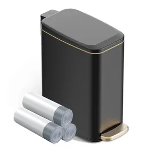 Small Bathroom Trash Can with Lid Soft Close Step Pedal, 6L / 1.6 Gal Stainless Steel Garbage Bin with Removable Inner Bucket, Slim Wastebasket for Narrow Spaces (Black)