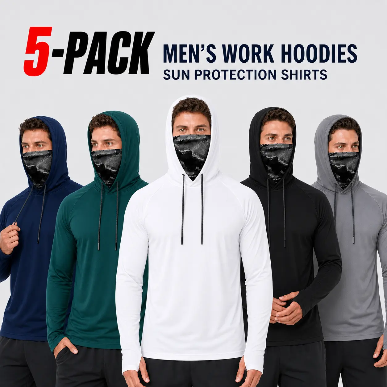 Men's 5-Pack Multi-Size Polyester Sportswear Long Sleeve Quick-Dry Sun Protection Hoodies with Built-In Camouflage Face Cover for Construction, Outdoor Work, Polyester Clothes