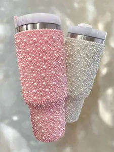 40 oz Glam Pearl Studded Insulated Stainless Steel Travel Mug - Portable Vacuum Flask, Elegant Water Bottle