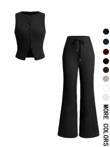 Women's Casual Sleeveless Vest & Wide Leg Drawstring Pants Set, Summer, Slim-Fit Design, Plain Color, Comfortable Fabric, Perfect for Daily Wear