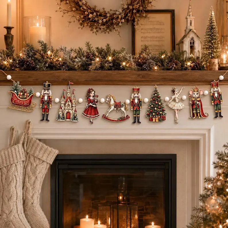 10PCS Wooden Nutcracker Decor Garland, Vintage Christmas Mantel Banner, Ballet Storybook Holiday Decor, Whimsical Festive Wall Hanging for Home, Christmas Decor 2026