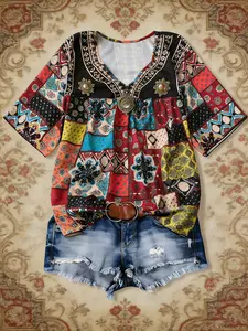 Boho Style V Neck Half Sleeve Blouse, Vintage Ethnic Patchwork Color Block Print, Comfortable Loose Fit, Plus Size Women's Casual Top