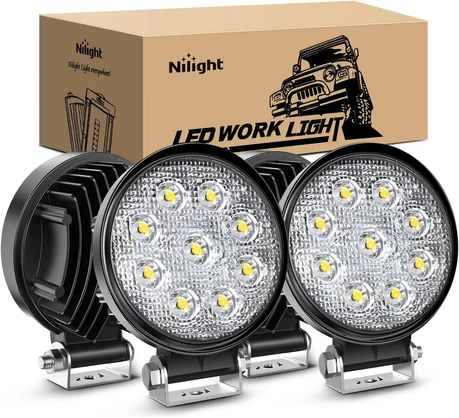 Nilight 4-Pack 4.5" 27W 3000LM Round LED Flood Light Pods, Automotive Auxiliary Car Lights, Off-Road Compatible for Jeep, SUV, Truck, Led Bar Light