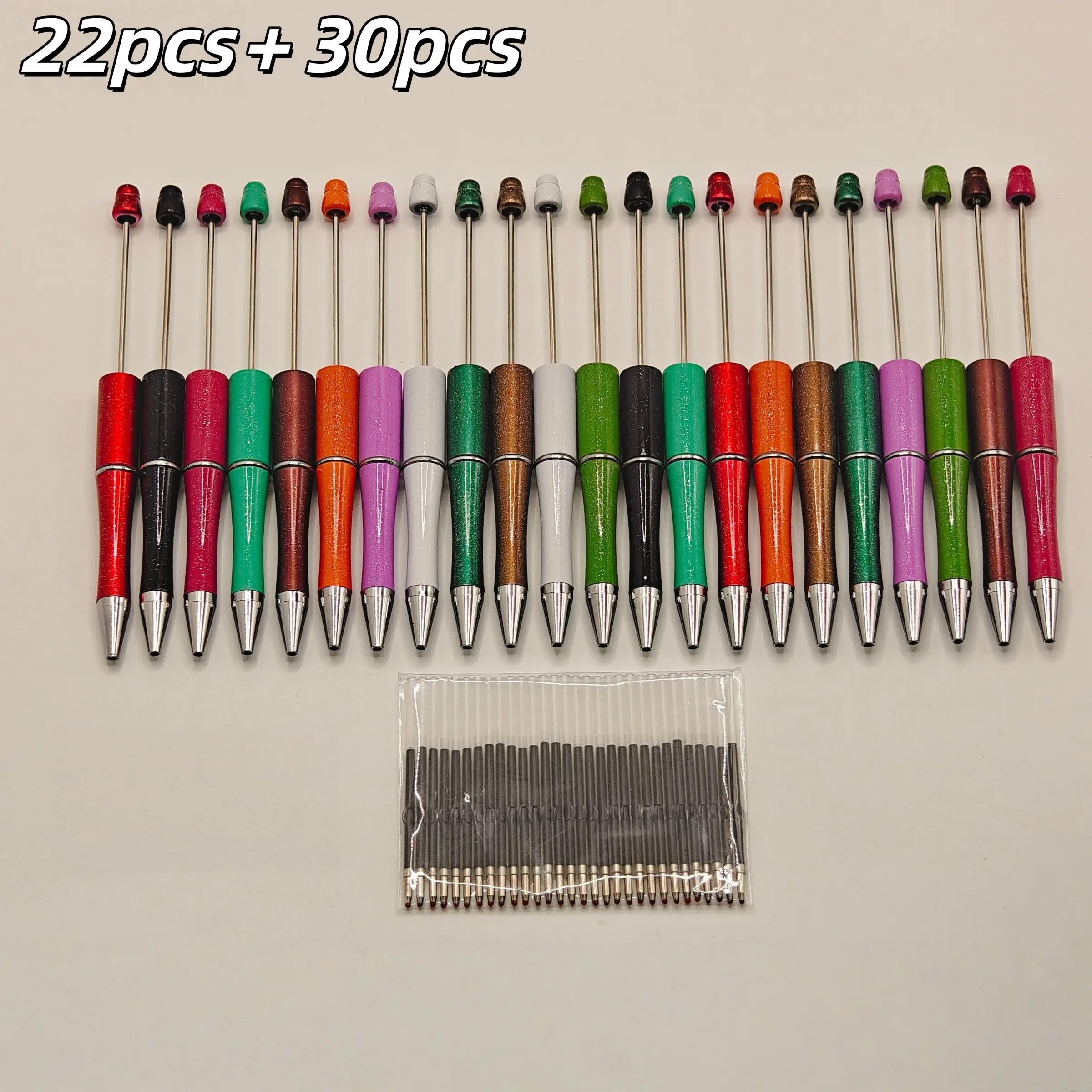 22-Piece Beaded Ballpen Set with 30 Refill Cartridges, Bright Starry Ink, Office & Study Writing Supplies, DIY Craft Pens, Party Gift Pens