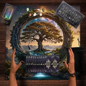 6PC Fantasy Style Tarot Decorative Set for Reading, including 1 set of 78 Tarot Cards, 1 set of 12 Mineral Bottles, 1 set of 7 Chakra Stones, 1 polyester drawstring bag, 1 tablecloth, 1 pendant, a set of astrological accessories for tarot scholars.