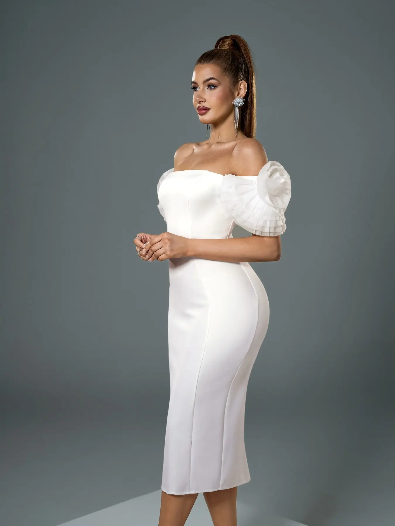 off shoulder midi cocktail dress Off The Shoulder Lace Tiered Midi