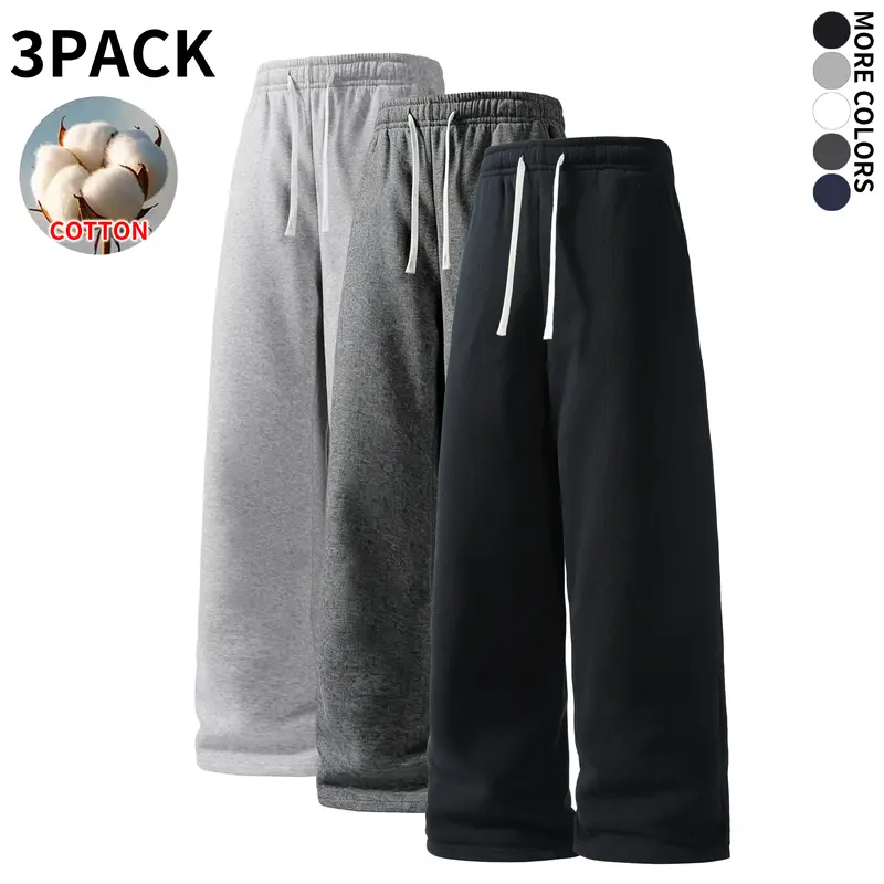 Men Autumn Winter Fleece‑Lined Cotton Wide Leg Sweatpants, Drawstring Elastic Waist Loose Baggy Trousers, Soft Warm Casual Sport Pants for Young Men Daily Street Workout Hangout Going‑Out Wear