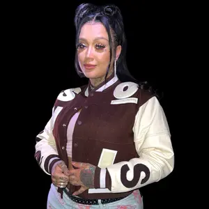 LADIES CROP TOP BROWN/BEIGE & WHITE VARSITY JACKET