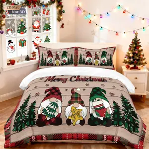 3-piece bedding set with Christmas theme plaid Christmas gnome Christmas tree star biscuit element print (1 set+2 pillowcases, no core), personalized bedding, suitable for all seasons to bring you a comfortable sleeping experience