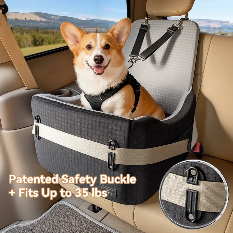 PETSFIT Dog Car Booster Seat with Patented Buckle - 5.1" Memory Foam, Anti-Slip Base, Fully Detachable Dual-Sided Washable Cover, 2 Safety Tethers, Mesh Airflow Side, Soft Fleece, Elevated View, Quick Install, Fits Most Vehicles, Up to 35 lbs