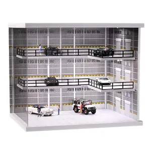 Diorama 1/64 Scale Car Garage Model LED Lighting City Parking Lot Scene Display Cabinet Diecast Three-Tier Steel Frame Garage Model