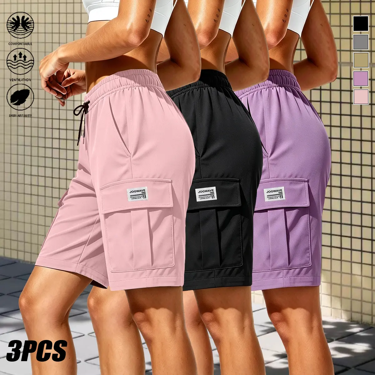 3-piece set, women’s casual versatile cargo shorts with elastic drawstring waist and multiple pockets, suitable for everyday summer wear and outdoor activities; women’s cargo pants, casual shorts, womenswear.