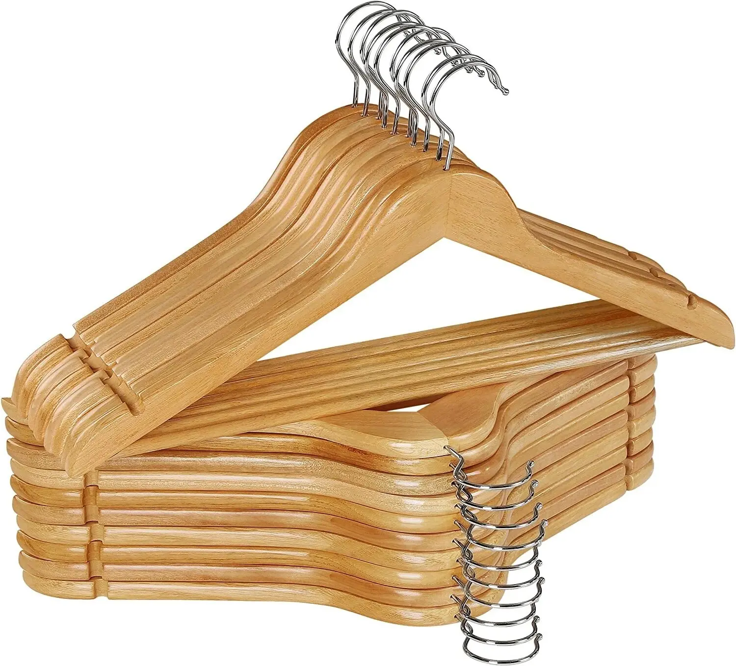 Natural Wooden Multifunctional Universal Clothes Hangers (10-50 Multiple Packs) - Heavy Duty, Sturdy Organiser with Glossy Smooth Finish, 360-Degree Rotatable Hooks, Pegs for Suit Jackets, Shirts, Pants