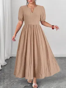 Plus Size Women's Short Sleeve Elegant Chic Cut Out Long Summer Dress, V Neck Waist Cinch A-Line Design, French Vintage Style for Parties, Holidays, Travel, Daily, Casual Wear