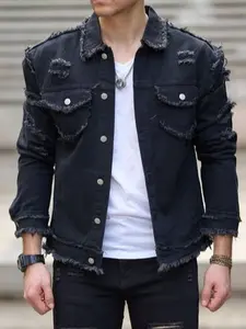 Men Oversized Black Ripped Jean Jacket Casual Outerwear Durable Black Distressed Jean Jacket，Men Trendy Streetwear