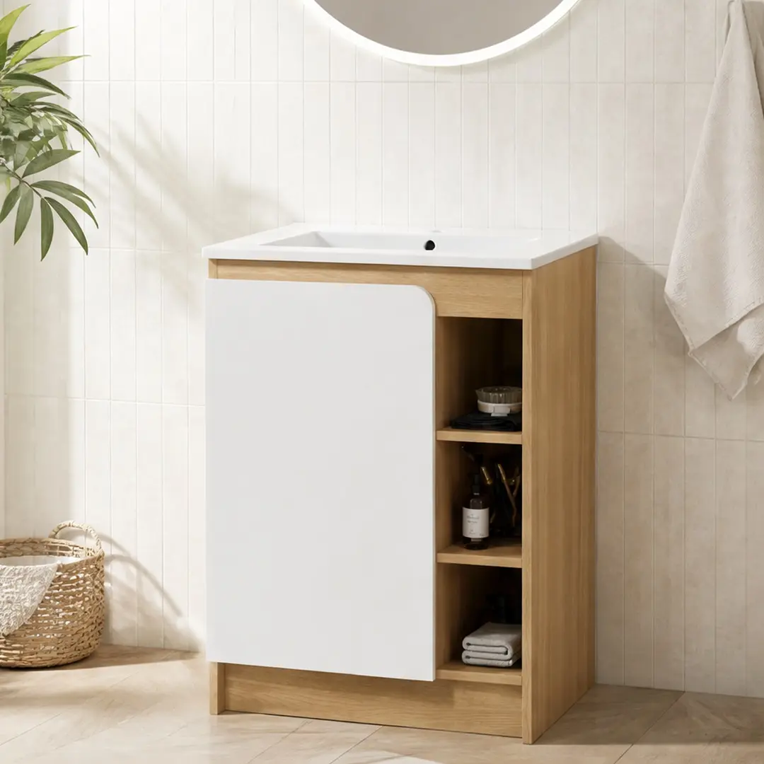 24-Inch ARCH Freestanding Bathroom Oak Floor Cabinet, Thin-Rim Ceramic Sink, Light Oak Finish, Single Door with Dual-Color White & Black Panels, 4-Tier Open Shelves, Plywood Construction, Compact Storage for Small Spaces, Oak Floor Cabinets