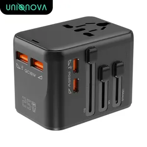 UNIQNOVA 4Ports Universal Travel Adapter GaN 25W with USB-C, USB-A Ports All-in-One Worldwide Wall Charger for USA EU UK AUS International Power Plug