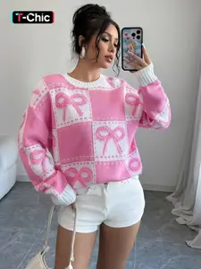 Autumn Winter RRound Neck Design Checkered Splicing 3D Bow Long Sleeve Knitted Sweater , Casual Loose-Fitting Colorblock Style