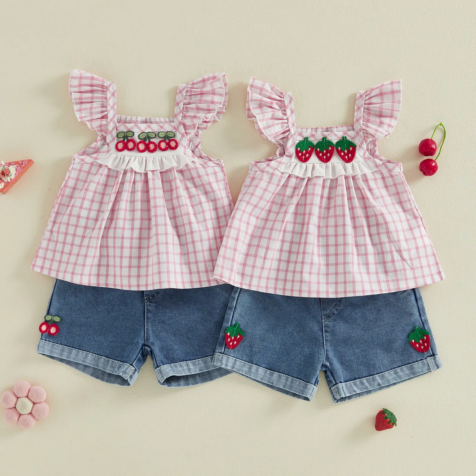 [Lullaby] Toddler Baby Girl Summer Outfit Strawberry/Cherry Plaid Flying Sleeve Babydoll Tops and Denim Shorts 2 Piece Set