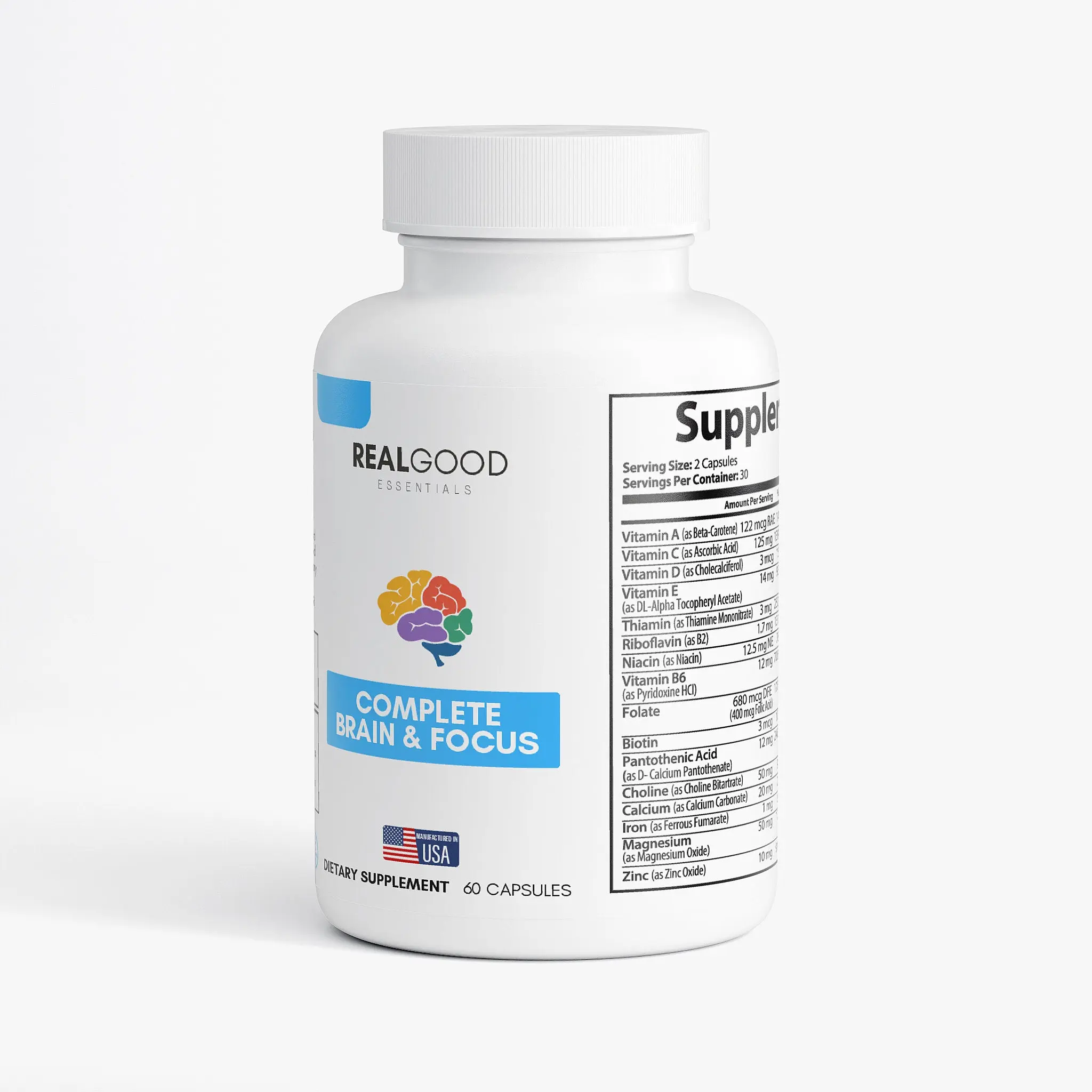 RealGood Essentials Complete Brain & Focus Dietary Supplement with Vitamins, Minerals, DHA & Botanical Blend, 60 Capsules