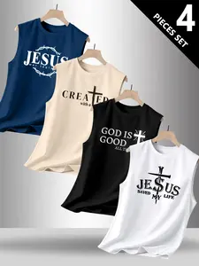 Men's Trendy Print Round Neck Sleeveless Vest Set, Casual Comfortable Top, Perfect for Summer Outdoor Fitness Wear