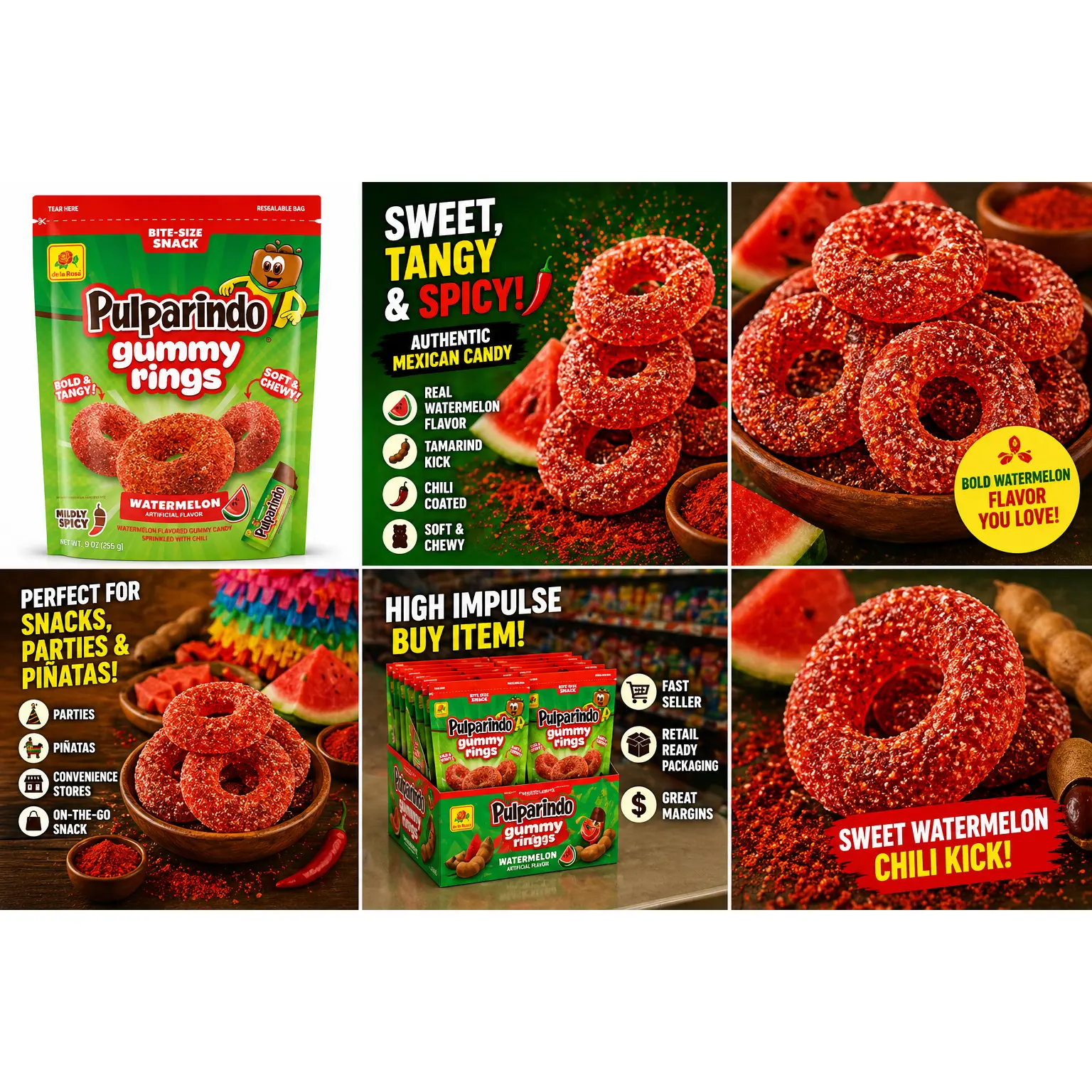 Pulparindo Gummy Rings Watermelon – Sweet, Tangy & Spicy Mexican Gummy Candy (Soft & Chewy)