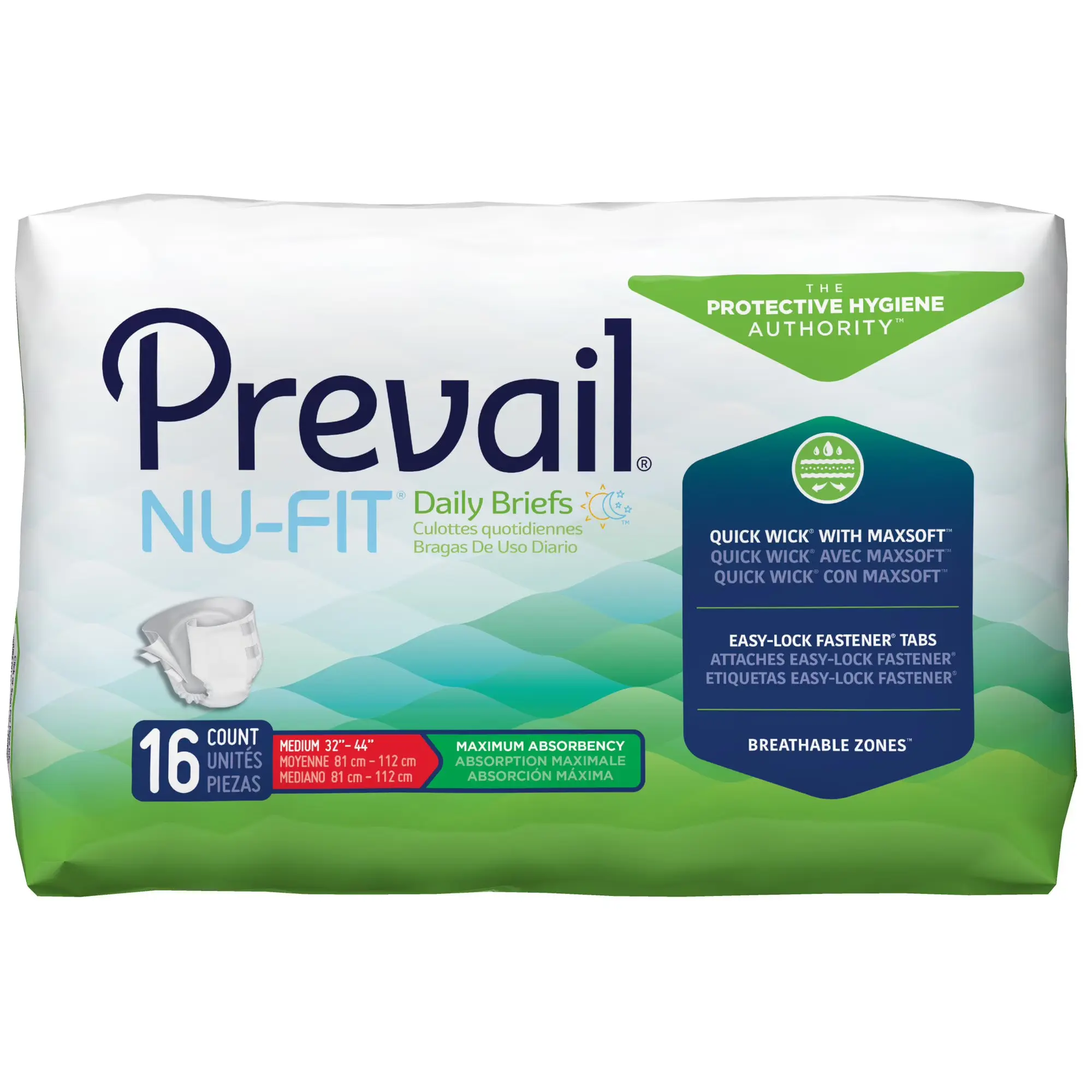 Prevail Nu-Fit Adult Incontinence Brief M Heavy Absorbency Breathable NU-012/1 Maximum 16 Ct Courage Care System Refastenable Tabs Medium Size 32 to 44 Inch Waist Hip