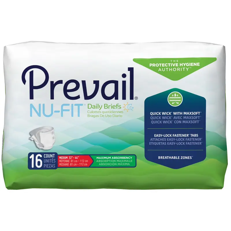 Prevail Nu-Fit Elastic Adult Incontinence Briefs, Medium Size (32-44 in. Waist/Hip), 16 Pieces, Heavy Capacity, Cloth-Backing, Breathable, Refastenable Tabs, Elastic Leg Cuffs, Courage Care System, NU-012/1, Single-Use, Skin Dryness Support