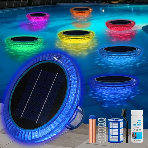 Solar Pool Ionizer Float with RGB LEDs, ABS-Copper-Steel Ionization, Swimming Pool Cleaner & Purifier, 85% Less Chlorine Accessory Kit, Up to 35000 Gal Capacity, 326g, Coil Spring, 200 to 1000 per Year, 60-Day Return, Cleaning Brush, Stunning Night View