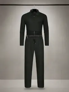 Men's Solid Textured Long Sleeve Polo Shirt & Drawstring Waist Pants Set, Regular Fit Comfort Casual Zipper Top & Pocket Trousers, Men's Two-piece Outfit