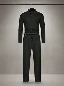 men's solid textured long sleeve polo shirt & drawstring waist pants set, regular fit casual comfort fabric zipper top & pocket trousers, fitted men's two-piece outfits, matching clothing, menswear, fabric, formal clothing