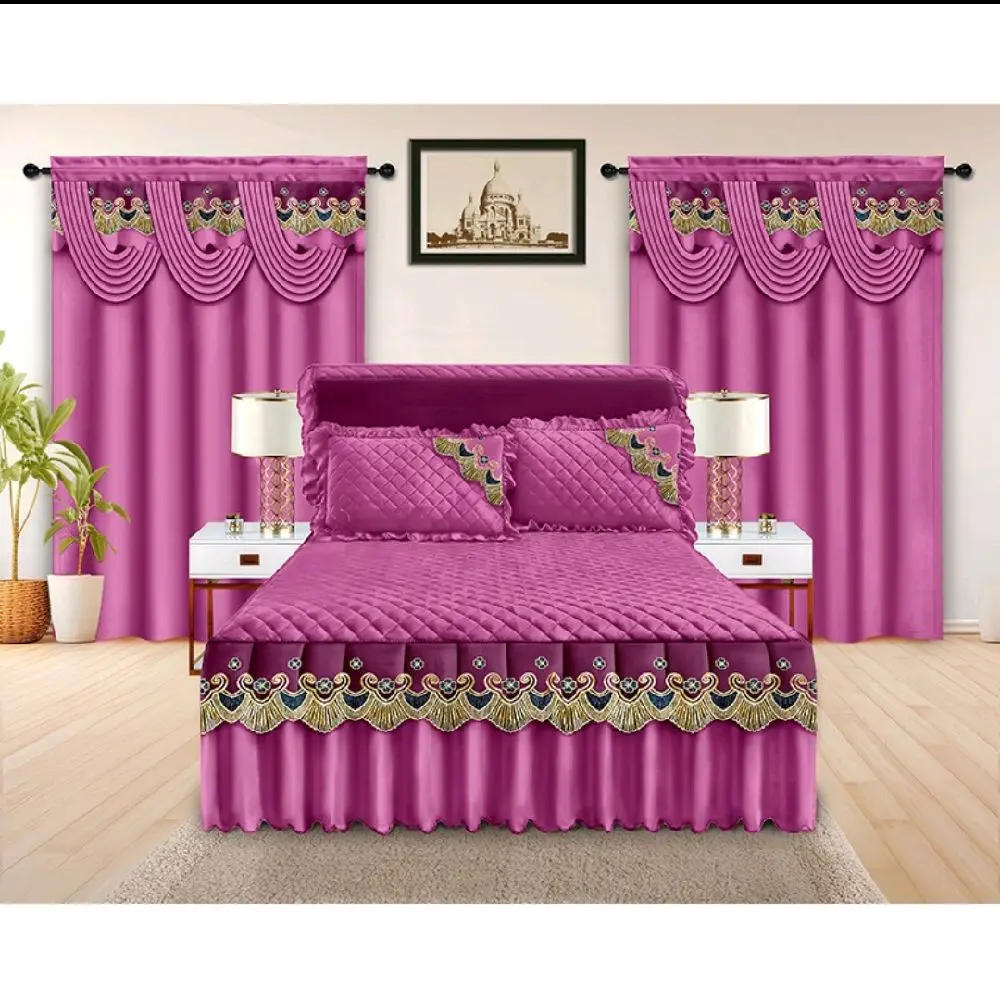 luxury pink embroidered 5piece bedding and curtain set