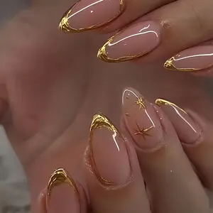 24pcs Handmade Almond Shape 3D Gel Nail Stickers, Gold French Tip Designs, Includes Jelly Gel and File, Perfect for Parties and Daily Use
