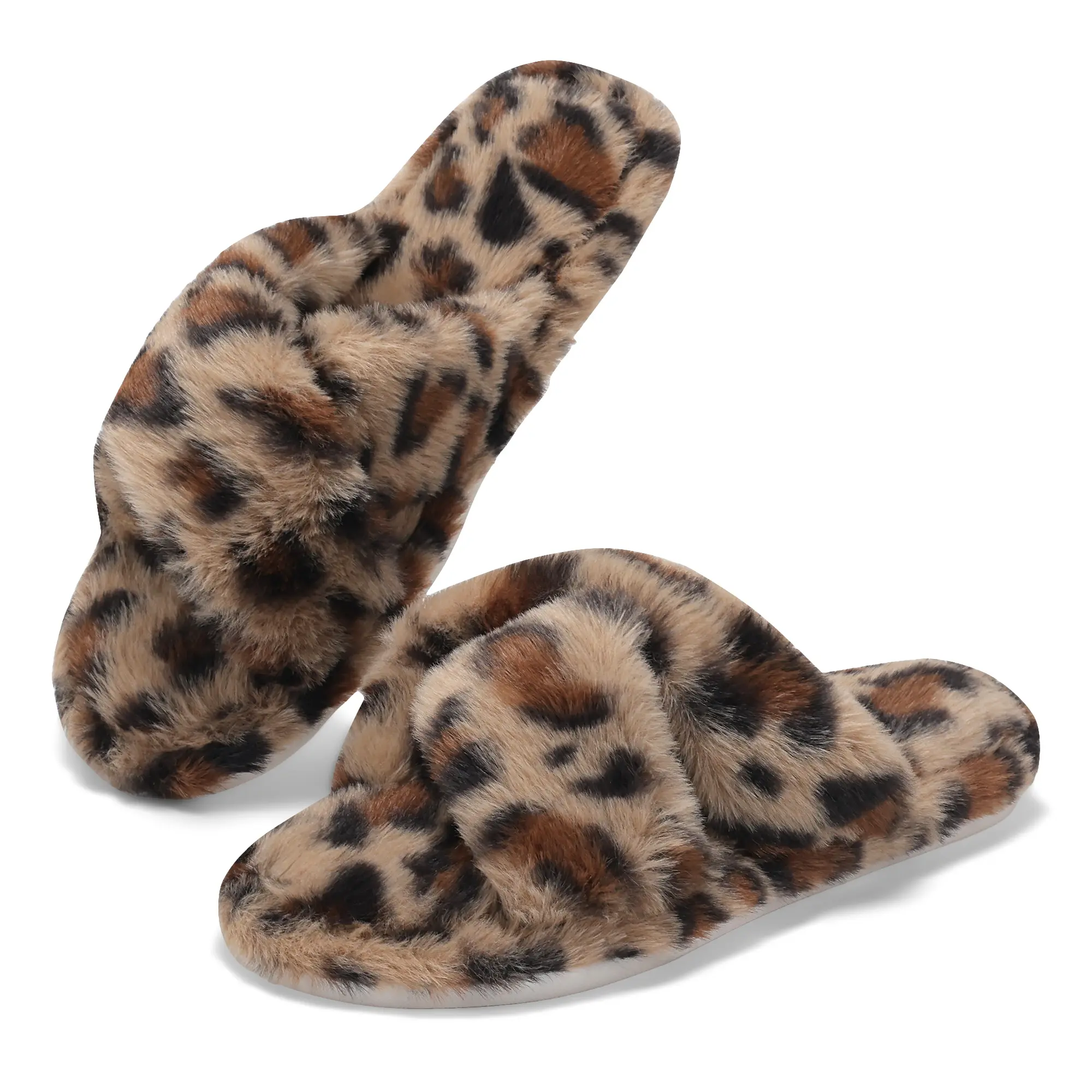Fuzzy Open-Toe Cross Band Plush Slippers, Stylish Classic Slides with Memory Foam, Non-Slip Rubber Sole, Girl Fur Flipflop Walking Shoes, Fluffy Modern Sleeper, Mother's Day Gift for Mom, Back To School