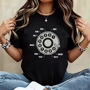 Women's Retro Rotary Dial Telephone Graphic T-Shirt, Vintage Old Phone Casual Nostalgia Black Cotton Tee