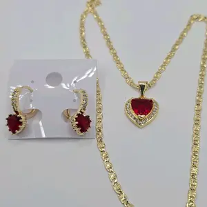RED HEARTS beautiful  set necklace with hoops earrings small size gold-plated chain 18"inches 24"inches available