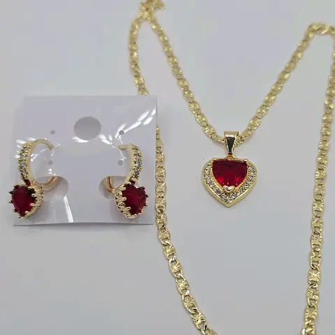 RED HEARTS beautiful  set necklace with hoops earrings small size gold-plated chain 18"inches 24"inches available