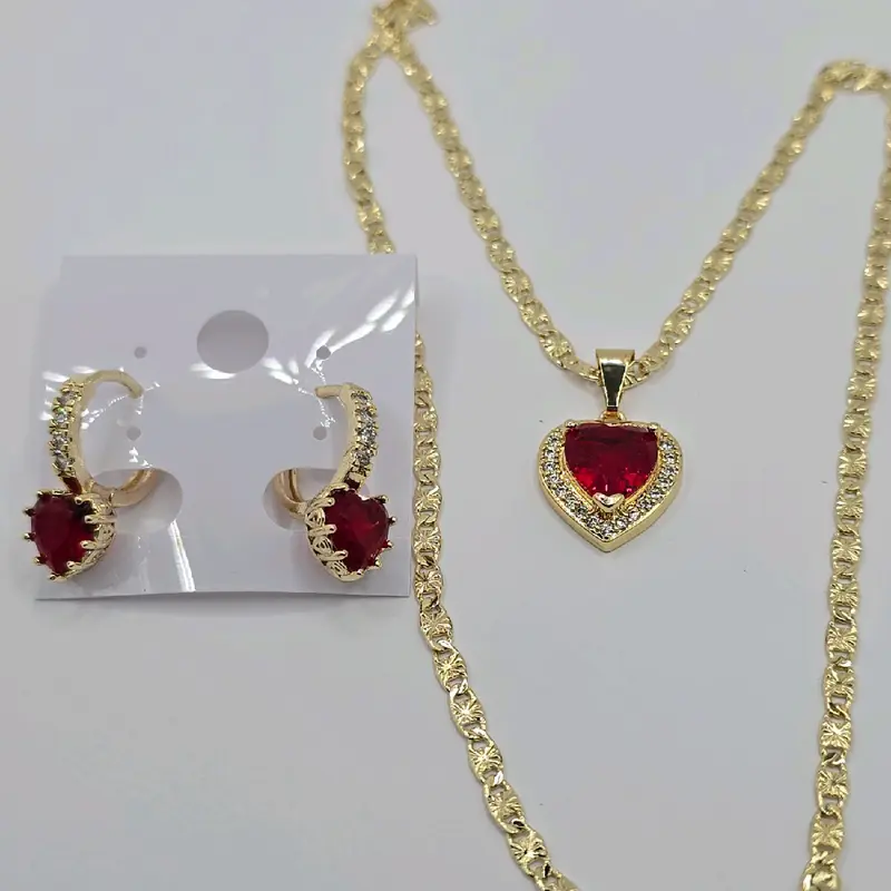 RED HEARTS beautiful set necklace with hoops earrings small size gold-plated chain 18"inches 24"inches available