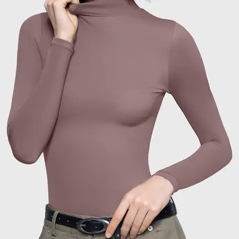 PUMIEY Long Sleeve Shirt for Women, Solid Slim Fit Mock Neck Top, Casual Lightweight Double-Layer Polyamide Blend Fabric,back to school,back to school shopping, High Neck, Long Sleeve Tops