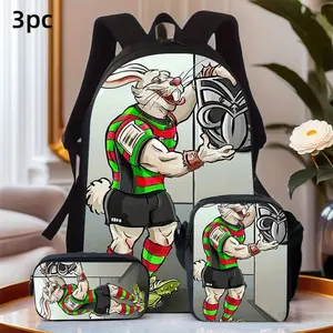 Durable Water Resistant 3-Piece Backpack Set for Kids, Lightweight School Bag with Lunch Box, Featuring South Sydney Rabbitohs Rugby Mascot Muscular Rabbit Full-Print, Light Grey Wall Background for NRL Rugby Sports Fans Daily School & Casual Use