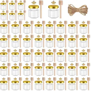 Mini Glass Honey Jar Set of 12/24/36/48pcs, 1.5oz Hexagonal Jars with Wooden Spoon and Bee Decoration, Perfect for Wedding and Party Favors
