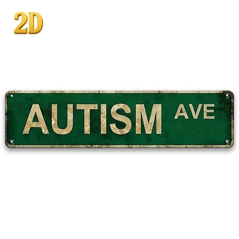 Vintage "Autism Ave" Rectangle Design Metal Tin Sign (4x16in) - Distressed Look Green & White Decorative Plaque, Garage Style Signage, Balcony Wall Art for Home Bar
