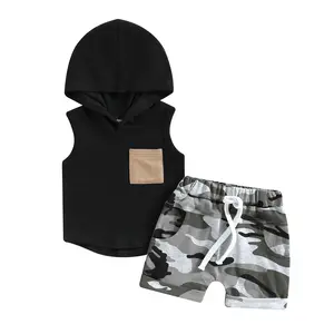 Newborn Infant Baby Boy Clothes Set Pocket Hooded Sleeveless Tank Top + Camouflage Drawstring Short Pants 2Pcs Summer Fashion Outfit